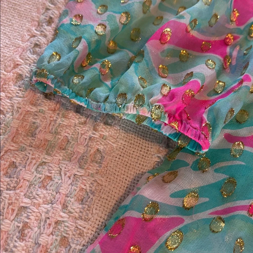 Lilly Pulitzer pink & blue silk blend blouse w/ gold details * sz MED - Picture 8 of 10